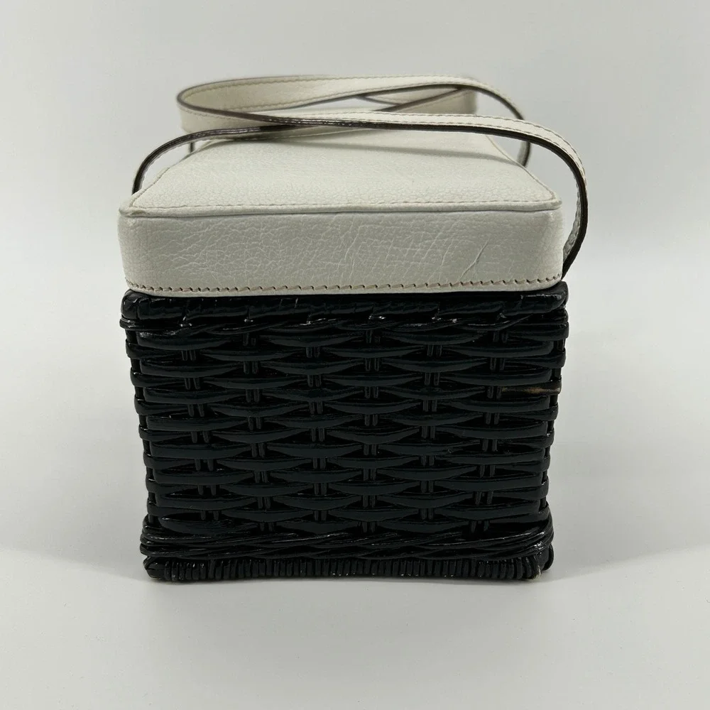 Vintage Kate Spade New York Black Wicker Basket White Leather Bag Polka Dot - Picture 14 of 16